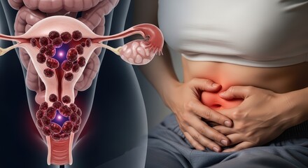 Uterine Fibroids and Female Pain: Medical Illustration of Uterus with Tumors Combined with Woman Suffering from Abdominal Pain, Representing Gynaecology and Health