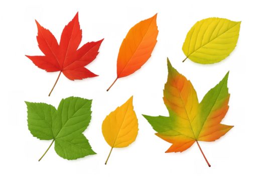 Colorful autumn leaves changing season colors on transparent background