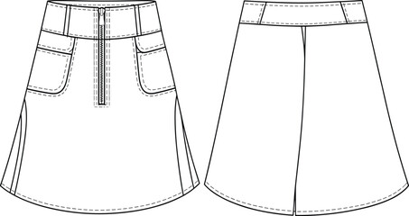 Technical fashion sketch of flared skirt with zipper fly, curved panel seams, front pockets, and yoke back for design use © S.P