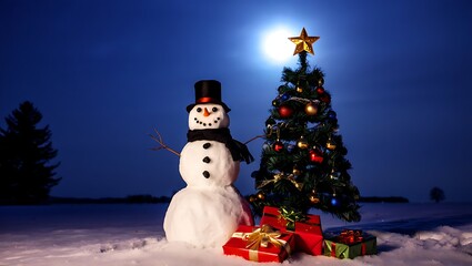 Obraz premium Festive snowman and decorated christmas tree under a full moon on a snowy night