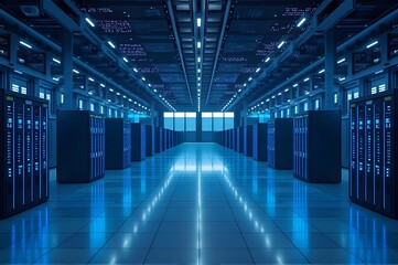 Fototapeta premium Futuristic Data Center Interior with Rows of Server Racks and Striking Blue Illumination, Reflective Flooring, and Technology Infrastructure