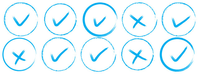 Check marks hand drawn doodle set. tick, cross signs for checkbox, checklist, v and x in sketch set.