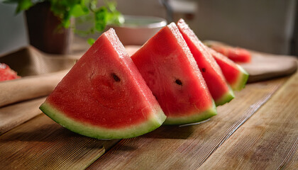 Refreshing Watermelon Slices Displayed On Rustic Wooden Table Food Photography Calm Indoor Environment Bright Natural Light