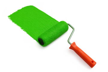 Paint roller leaving green paint stroke on transparent background