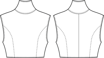 Technical fashion sketch of high-neck sleeveless bodices with princess seams and collar variations for apparel and educational design use