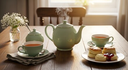 Fototapeta premium A serene afternoon tea setup featuring a mint green teapot, steaming cups, and scones with jam