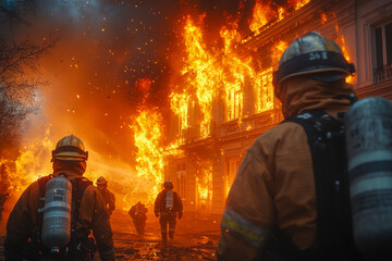 Fototapeta premium Firefighters respond urgently to a large fire engulfing an old structure in the city late at night, showcasing their brave efforts