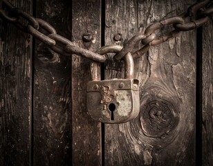 Rusty padlock on weathered wood