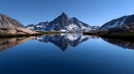 Obraz premium Towering, snow-capped peaks are mirrored in the calm, clear waters of a picturesque alpine lake, creating a breathtaking and peaceful natural landscape.