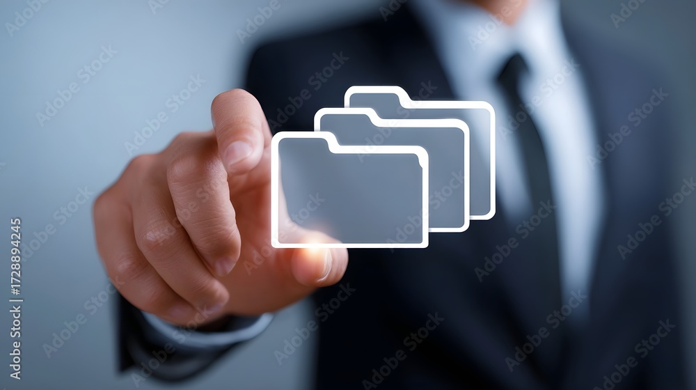 Poster businessman in a suit gesturing towards a virtual file management interface, showcasing the use of d