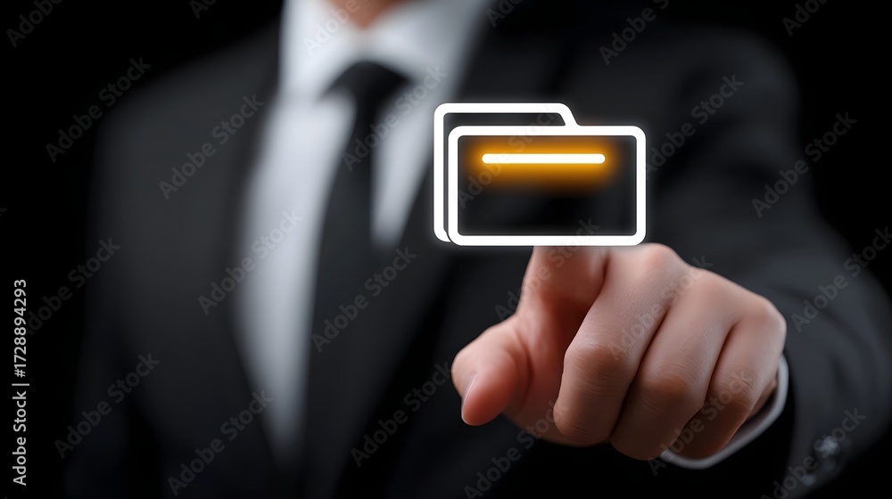 Poster a businessman in a suit gesturing towards a digital folder icon, representing the use of technology 
