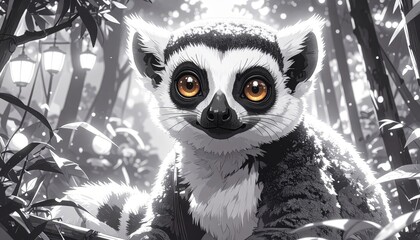 Fototapeta premium A cute lemur stares intently with its captivating golden eyes in a grayscale forest.