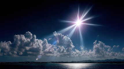 Dramatic Sunlight Burst Through Fluffy Clouds Over Still Dark Ocean at Night