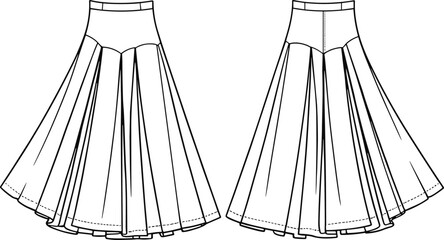Technical fashion sketch of paneled flared skirt with high waistband and curved hem for apparel construction and educational design use