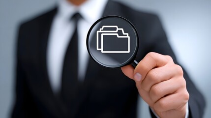 Closeup of a businessman examining files, documents, and data with a magnifying glass, symbolizing organization, analysis, and attention to detail in a corporate or professional setting.