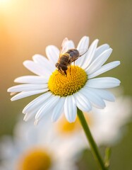 Obraz premium Bee on a daisy in soft sunlight