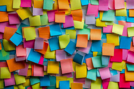 Bright sticky notes in various colors fill the wall, showcasing ideas and reminders in a vibrant office setting