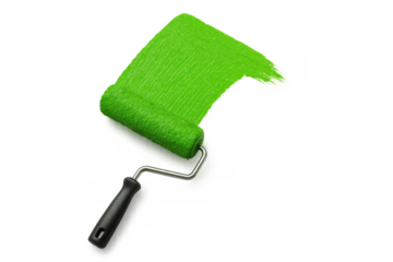 Paint roller spreading green paint leaving a stroke on transparent background