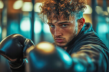 A young male boxer with curly hair is intensely focused while practicing in a gym