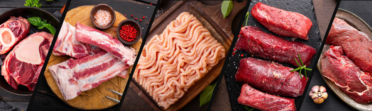 collage of various fresh meat, web banner for market, cafe