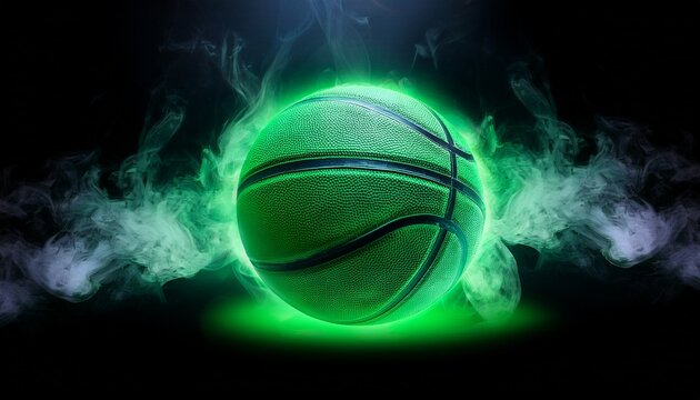 a glowing green basketball on a black background with smoke