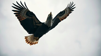 Obraz premium A low-angle perspective shot of an eagle flying majestically, looking upwards with dramatic framing