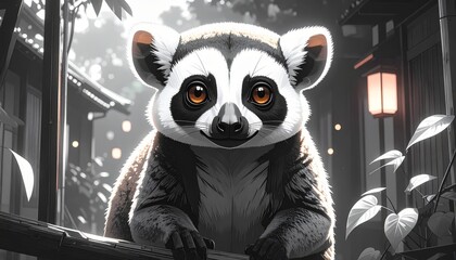 Fototapeta premium A striking lemur gazes intensely, perched gracefully amidst bamboo in a stylized scene.