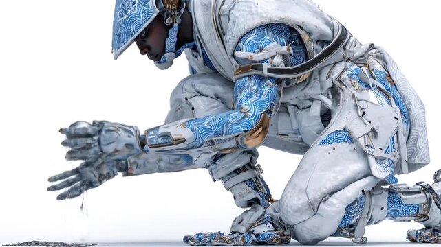 Futuristic figure examining ground