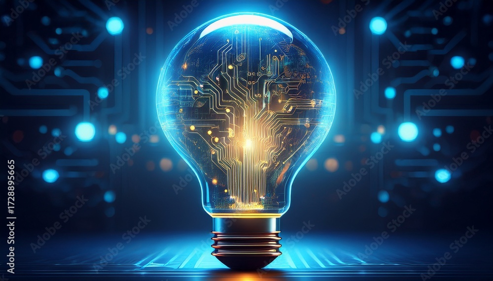 Wall mural translucent bulb with complex glowing circuit display