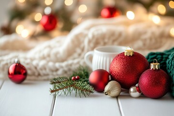 A carefully arranged Christmas scene, with traditional red and green holiday ornaments placed on a clean white desk, creates a warm and inviting atmosphere;