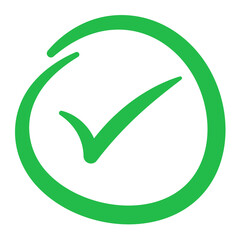Green hand drawn circle with check mark, doodle sketch style tick symbol for approval, success, correct validation, PNG with transparent background