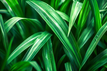 Obraz premium Thick blades of grass glisten with water droplets, creating a refreshing scene in a peaceful outdoor environment under gentle light