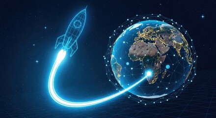 Digital Rocket Flies in Orbit of Planet Earth. Abstract light blue technological background. Spaceship in outer cosmos. Low poly wireframe vector illustration with a 3D effect. Polygonal science art.