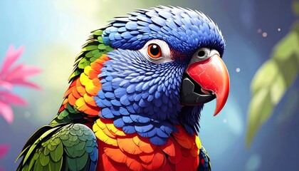 A vibrant parrot boasts feathers colored with blue, red, green, and yellow in soft light.