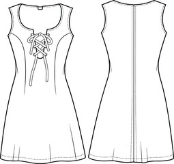 Technical fashion sketch of sleeveless A-line dress with scoop neckline, lace-up front, and princess seams for apparel design use