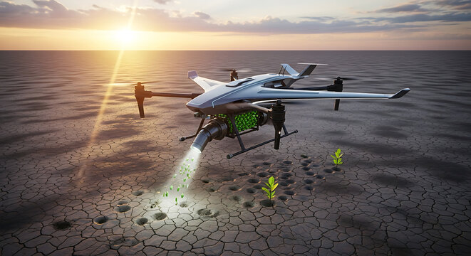 Innovative drone planting seeds desert landscape technology showcase aerial view sustainable agriculture concept