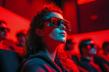 A young woman sits in a dark cinema, wearing 3D glasses, absorbed in the movie's vibrant visuals and engaging atmosphere with friends