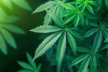 Lush cannabis leaves are illuminated by gentle light, highlighting their vibrant green color and intricate patterns in a calm environment