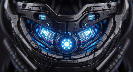 Obraz premium Intricate mechanical design of a futuristic robotic helmet with a brilliant blue illuminated visor and power unit
