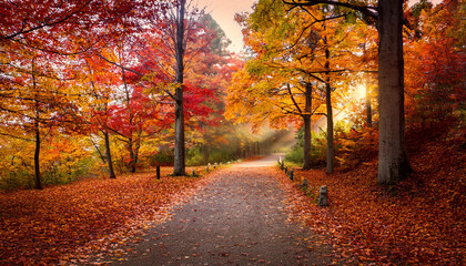 Obraz premium Scenic Autumn Pathway Surrounded By Colorful Foliage And Serene Atmosphere
