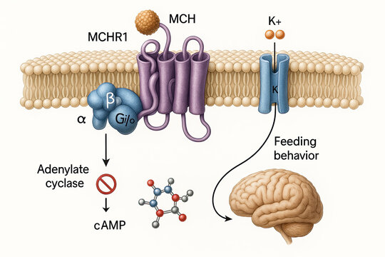 Illustration of the Melanoctin Receptor 1 (MCHR1) pathway regulating feeding behavior, showing MCH binding, G protein activation, adenylate cyclase inhibition, cAMP reduction, and potassium channel mo