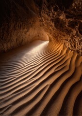 A captivating desert sand dune formation within a cave, bathed in warm sunlight, showcasing intricate rippled textures.