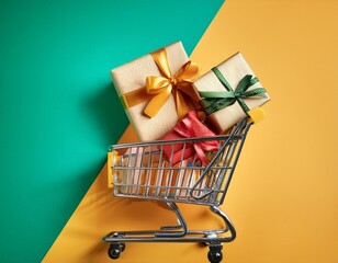 cart with wrapped presents on dual tone background