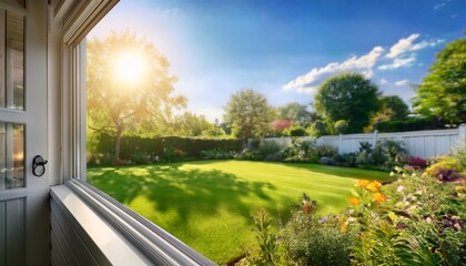 a bright window offers a beautiful view of a lush green backyard on a sunny day