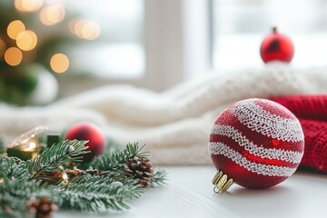 A carefully arranged Christmas scene, with traditional red and green holiday ornaments placed on a clean white desk, creates a warm and inviting atmosphere;