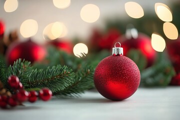 A carefully arranged Christmas scene, with traditional red and green holiday ornaments placed on a clean white desk, creates a warm and inviting atmosphere;