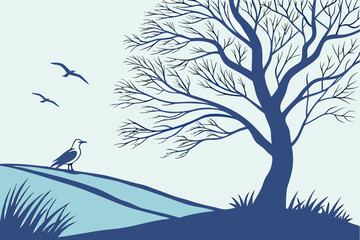Perched Bald Eagle in Grass Vector Illustration - Detailed Wildlife Line Art

