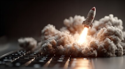 A rocket launches into space, leaving a trail of fire and smoke against a backdrop of Earth and a starry sky.