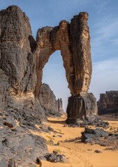 A dramatic rock archway pierces the arid landscape, showcasing dramatic textures and colors in a natural wonder.