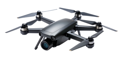 Modern Black Drone with Camera on White Background.